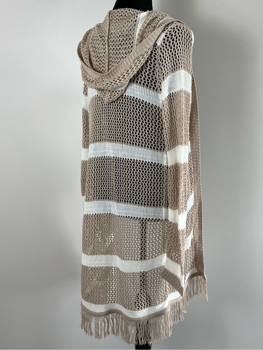 Beach / Boho Striped Open Knit Hooded Cardigan with Fringe Hem